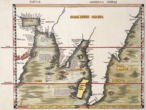 Punainenmeri ja Arabianlahti oletetulle Malaijan niemimaalle, Ptolemaioksen "Geographia"-teoksen Strassburgin painoksesta.